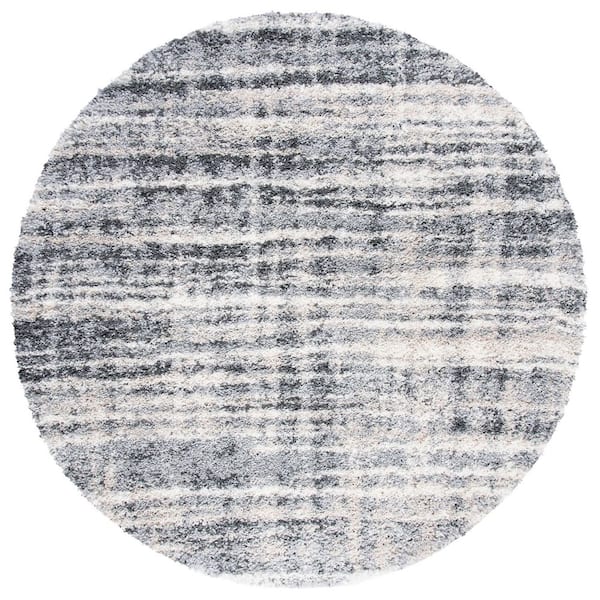 Fontana Shag 8 ft. x 8 ft. Gray/Ivory Striped Gradient Abstract Round Area Rug
