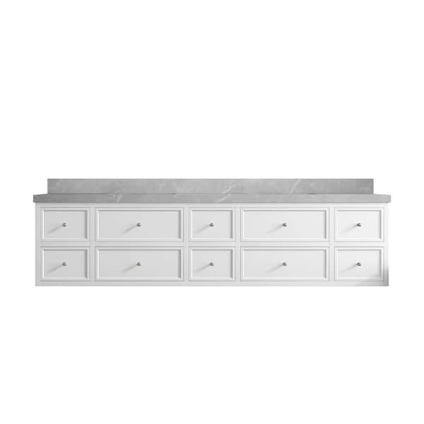 Willow Collections Roswell Floating 84 in. Double Sink Freestanding White Bath Vanity with Pearl Gray Qt. Top Unassembled