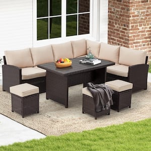 7-Piece Wicker Patio Conversation Set with Sand Cushions, Ottoman for Outside Garden Lawn