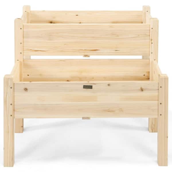 ANGELES HOME 34 in. 2 Tier Natural Fir Wood Raised Garden Bed with Legs Drain Holes