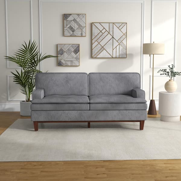 Bestier 74.4 in. Square Arm Corduroy Fabric 2 Seat Square Solid Wood with Padded Seat and Overstuffed Backrest Sofa in Grey