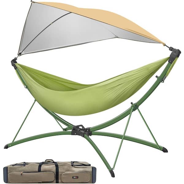 9 ft. Portable Outdoor Hammock with Quick-Fold Stand and Adjustable Sunshade, Heavy-Duty Hammock Chair with Storage Bag