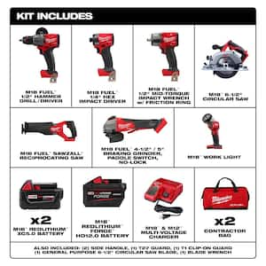 M18 FUEL 18V Lithium-Ion Brushless Cordless Combo Kit with Two 5.0 Ah Batteries, 1 Charger, 2 Tool Bags (7-Tool)