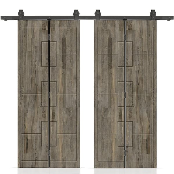 CALHOME 56 in. W. x 80 in. Hollow Core Weather Gray-Stained Pine Wood Double Bi-fold Door with Sliding Hardware Kit