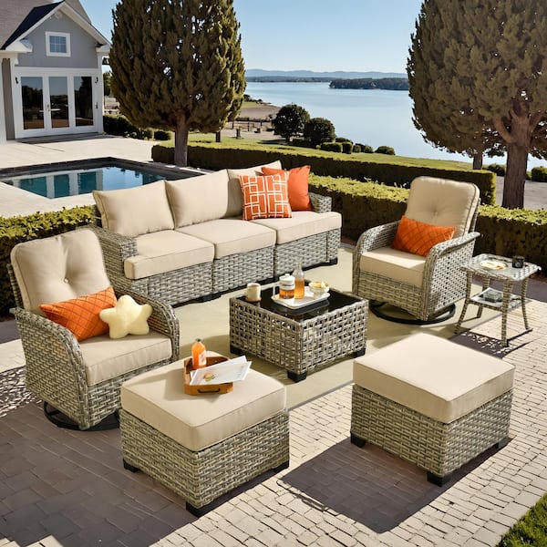 HOOOWOOO Kelleys 9-Piece Wicker Modern Outdoor Patio Conversation Sofa Set with Swivel Chairs and Beige Cushions