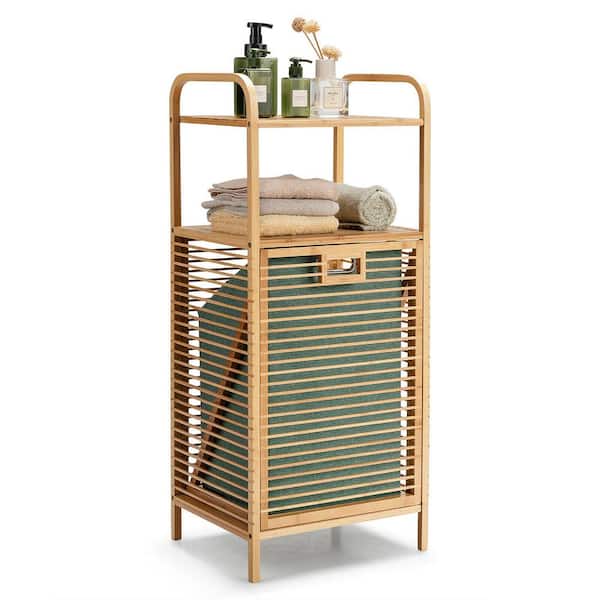 Natural Bamboo Laundry Hamper Tilt Out Bin Shelf Storage