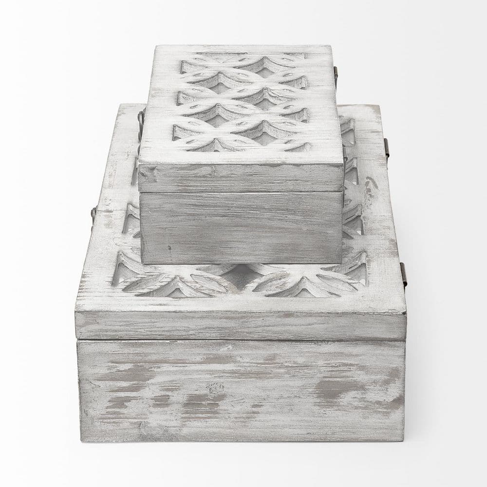 Set of Two Distressed Whitewashed Wooden Decorative Boxes