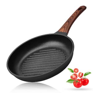 10 in. Black Aluminum Nonstick Grill Pan With Wooden Handle