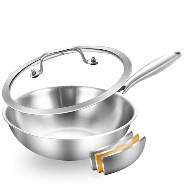 2-Piece 10 in. Tri-Ply Stainless Steel Deep Wok Pan with Lid Silver Induction Compatible Stir-Fry Pan Set