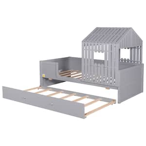 Gray Twin Size House Low Loft Bed with Trundle