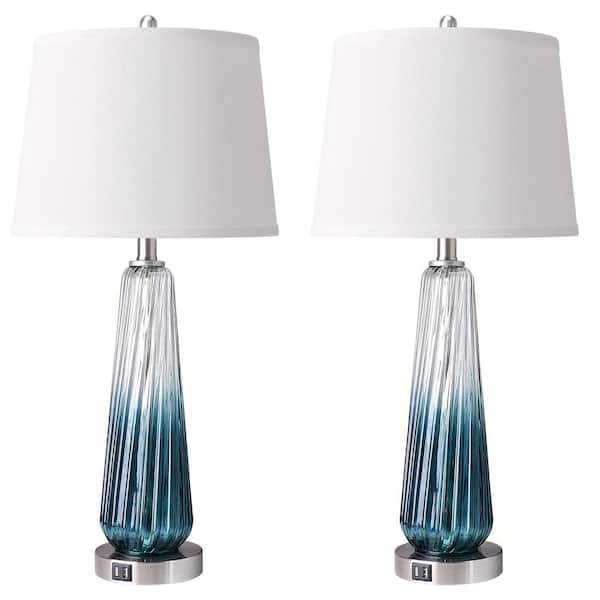 27.5 in. Blue Table Lamps Set of 2 with Touch Control Modern Glass Bedside Lamps with USB A plus C Ports 3-Way Dimmable