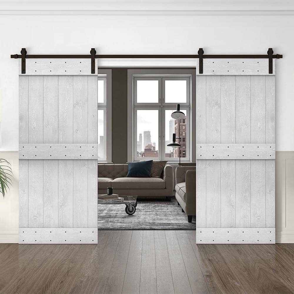 Calhome 88" x 84" White Solid Pine Double Barn Door with Oil-Rubbed Bronze Hardware