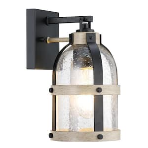 10.5 in. 1-Light Black and Wood Outdoor Hardwired Wall Lantern Sconce with No Bulbs Included