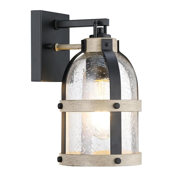 Edvivi 10.5 in. 1-Light Black and Wood Outdoor Hardwired Wall Lantern Sconce with No Bulbs Included