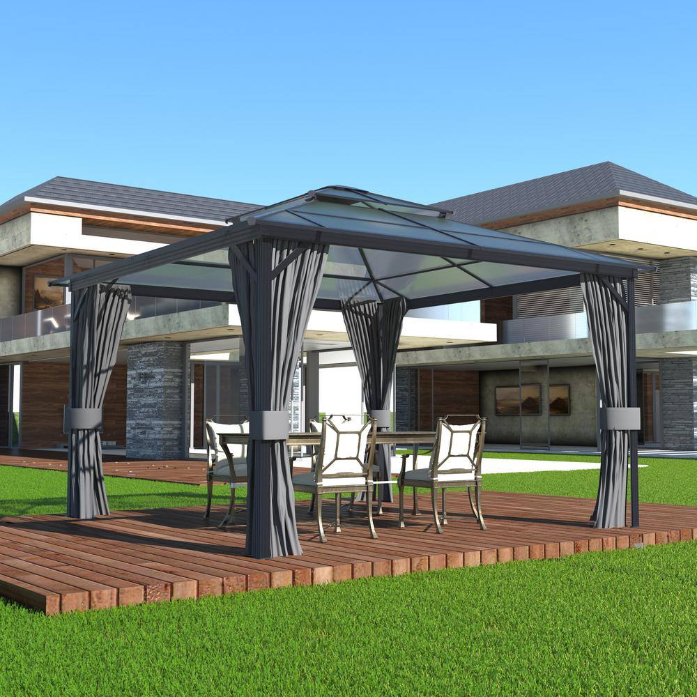 VEIKOUS 12 ft. x 12 ft. Polycarbonate Double Top Gazebo with Gray ...