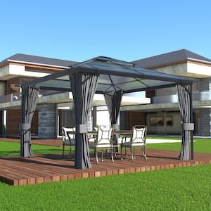 12 ft. x 12 ft. Polycarbonate Double Top Gazebo with Gray Curtains and Netting