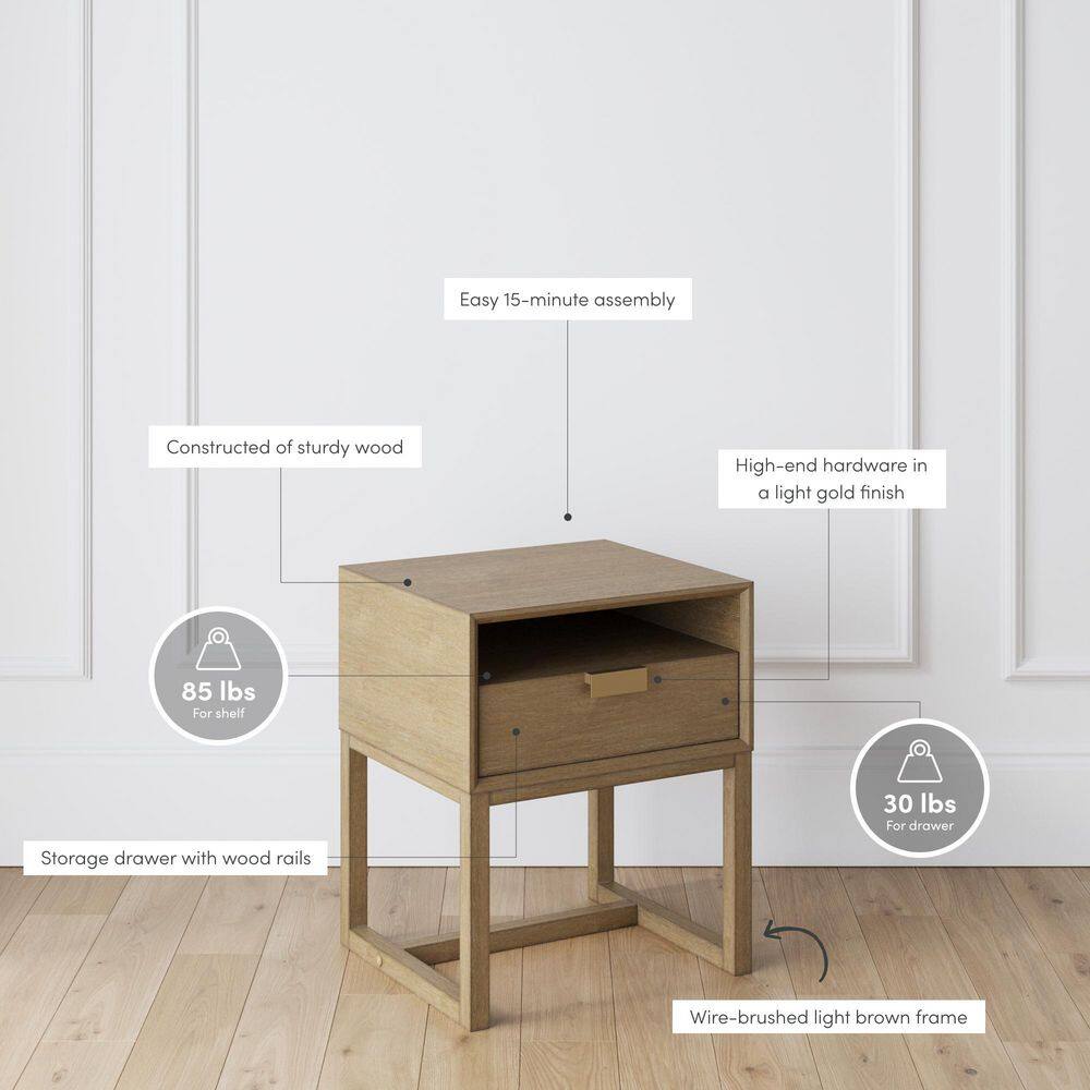 Luke Light Brown Wood Nightstand with Drawer and Open Cubby
