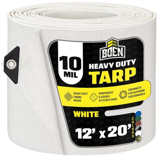 BOEN 12 ft. x 20 ft. Heavy-Duty Commercial White Tarp Cover 10 Mil Thick Weave Material, Waterproof