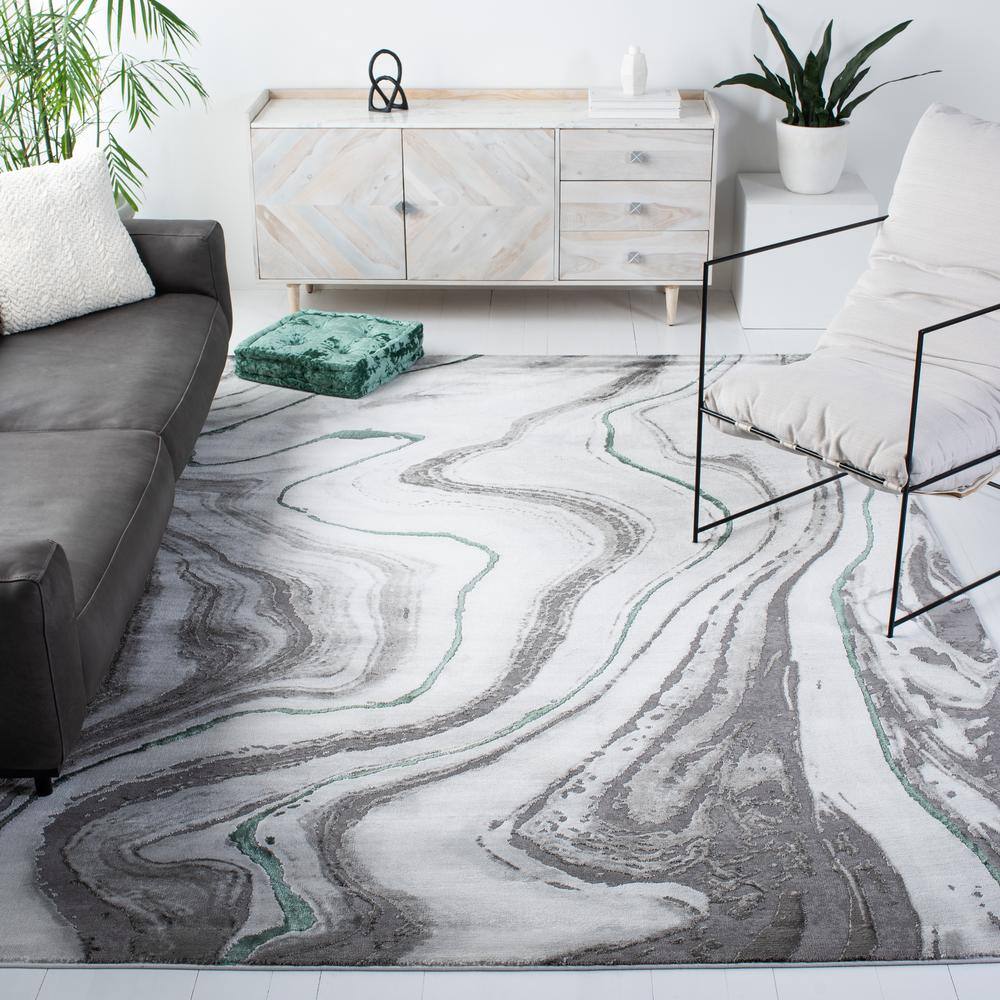 Grey and Green Abstract Hand-knotted Synthetic Area Rug