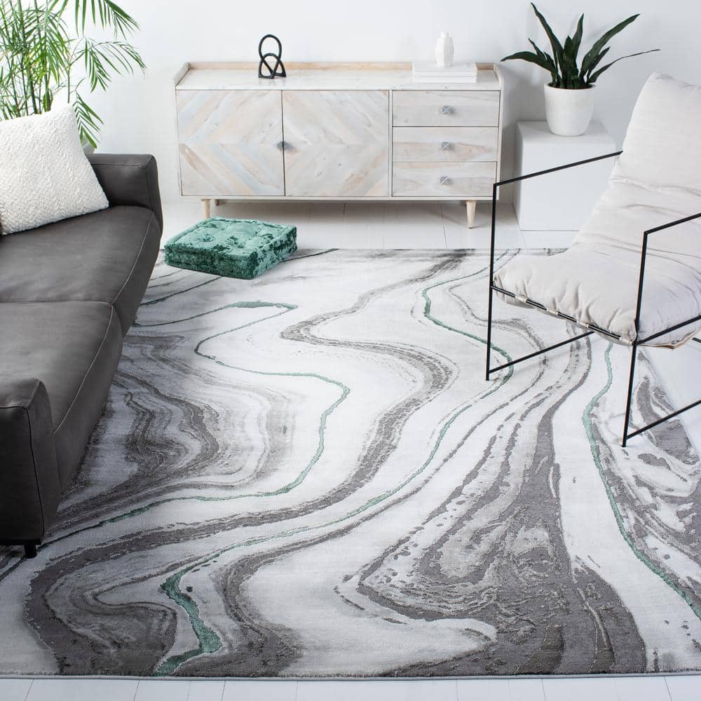 Grey and Green Abstract Hand-knotted Square Area Rug
