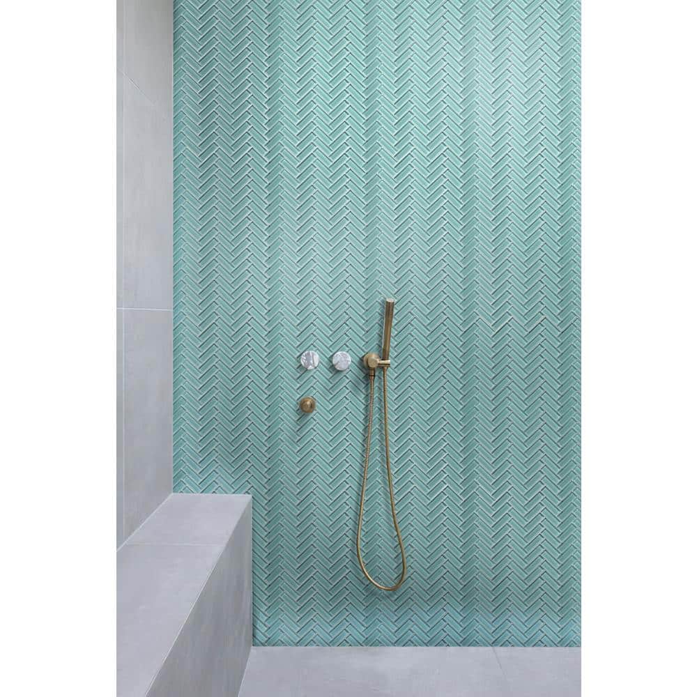 Sky Blue Herringbone Polished Glass Mosaic Tile