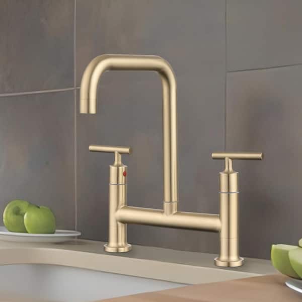 UPIKER Double-Handle Bridge Kitchen Faucet in Brushed Gold