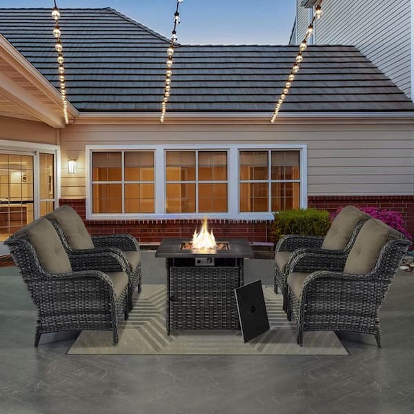 Pocassy 30 in. 5-Piece Wicker Patio Chairs for 4 with Gas Propane Fire Pit Table Outdoor Chair Sets and Gray Cushions