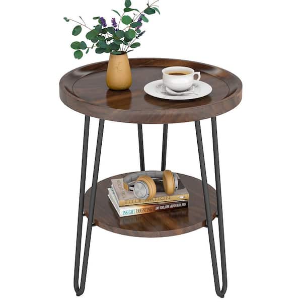 TRIBESIGNS WAY TO ORIGIN Andrea 18.9 in. Dark Walnut 24.41 in. H Round Wood End Table with Black Metal Frame