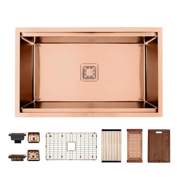 Copper 32 in. Stainless Steel Single Bowl Undermount Workstation Kitchen Sink with Center Square Drain and Accessories
