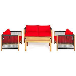4-Piece Wood Patio Conversation Set with Red Cushion