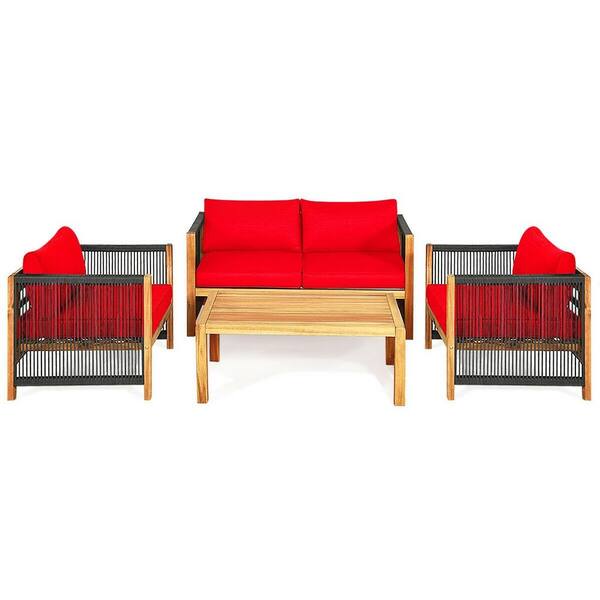 ANGELES HOME 4-Piece Wood Patio Conversation Set with Red Cushion