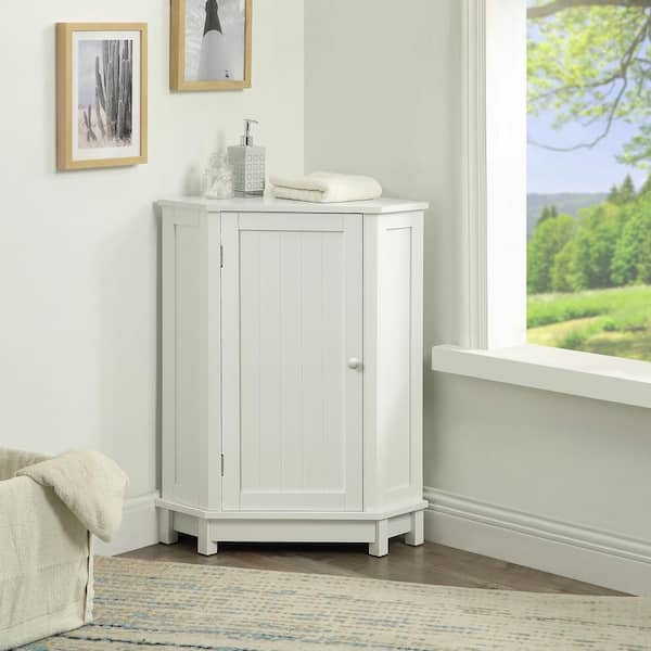 FUNKOL 17.5inx17.5inx31.4 in White Minimalist MDF 3 Tier 3 Corner Bathroom Storage Linen Cabinet with 2 Adjustable Shelves Tri CabinetXR1