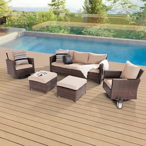 5-Piece Patio Conversation Set Brown Wicker with Swivel Rocking Chair and Sand Thickening Cushions
