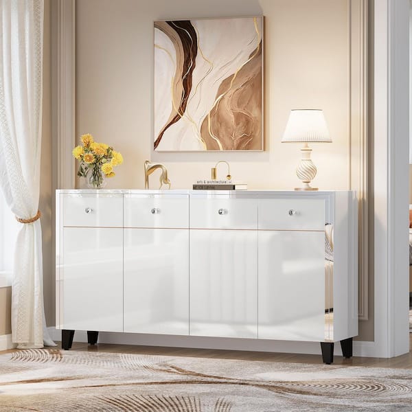 TRIBESIGNS WAY TO ORIGIN Alan White Wood 55 in. Sideboard Buffet Cabinet 4 Doors Adjustable Shelves Accent Storage Cabinet Dining Room set of 2