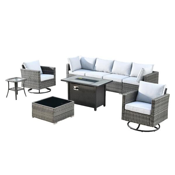 Sanibel Gray 9-Piece Wicker Outdoor Patio Conversation Sofa Sectional Set with a Metal Fire Pit and Light Gray Cushions