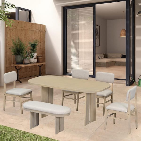 Zeus & Ruta 6-Piece Natural Rubber Wood Patio Outdoor Dining Set with Beige Cushions and Bench