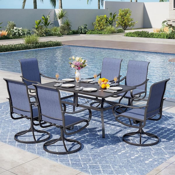 PHI VILLA Black 7-Piece Metal Rectangle Patio Outdoor Dining Set with Slat Table and Textilene Swivel Chairs
