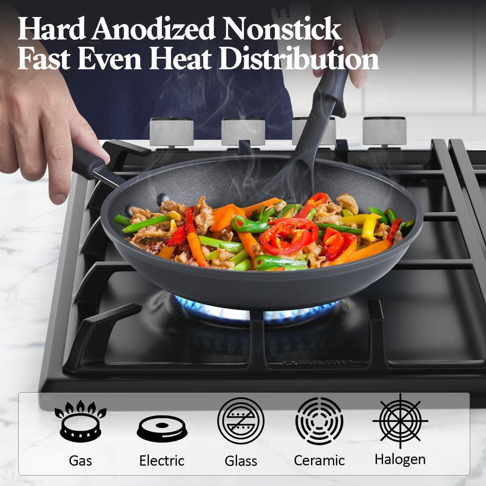 12-Piece Black Aluminum Nonstick Cookware Set with Glass Lids