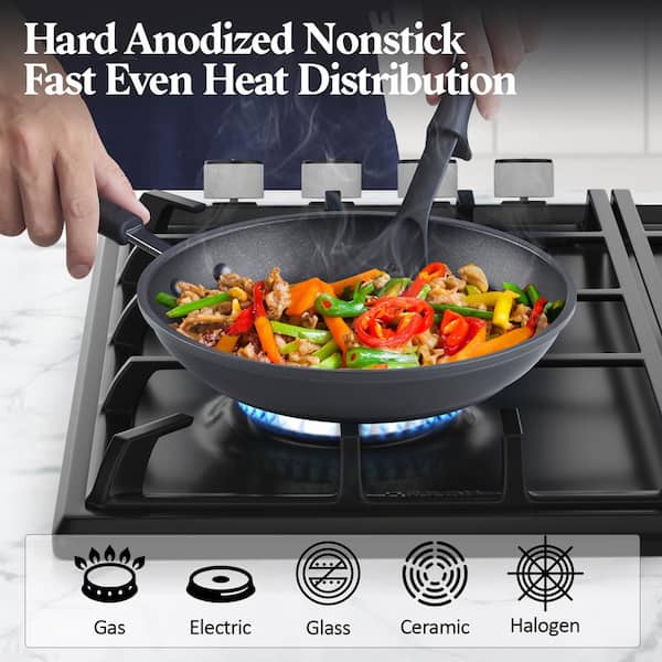 Cook N Home Marble Nonstick Cookware Saute, 11 Wok Stir Fry Pan with Lid, Black