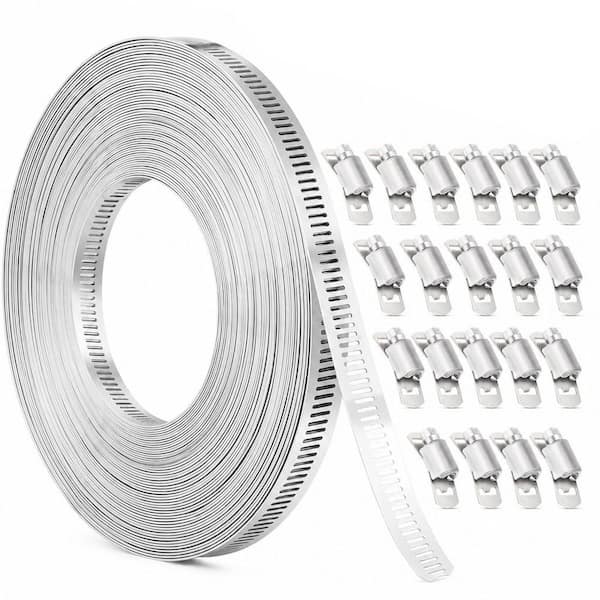 50 ft. Stainless Steel Hose Clamp Assortment Kit with Holes and 20 Fasteners, Adjustable Hose Clamps for Pipe Duct Tube