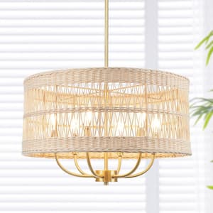 Arwen 20 in. 6-Light Bohemian Rattan Chandelier, Adjustable Brass Pendant for Coastal, Boho, Art Deco, Glam Interiors