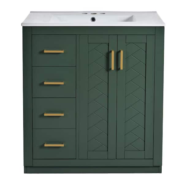 30 in. Single Sink Freestanding Green Bath Vanity with White Ceramic Top Unassembled