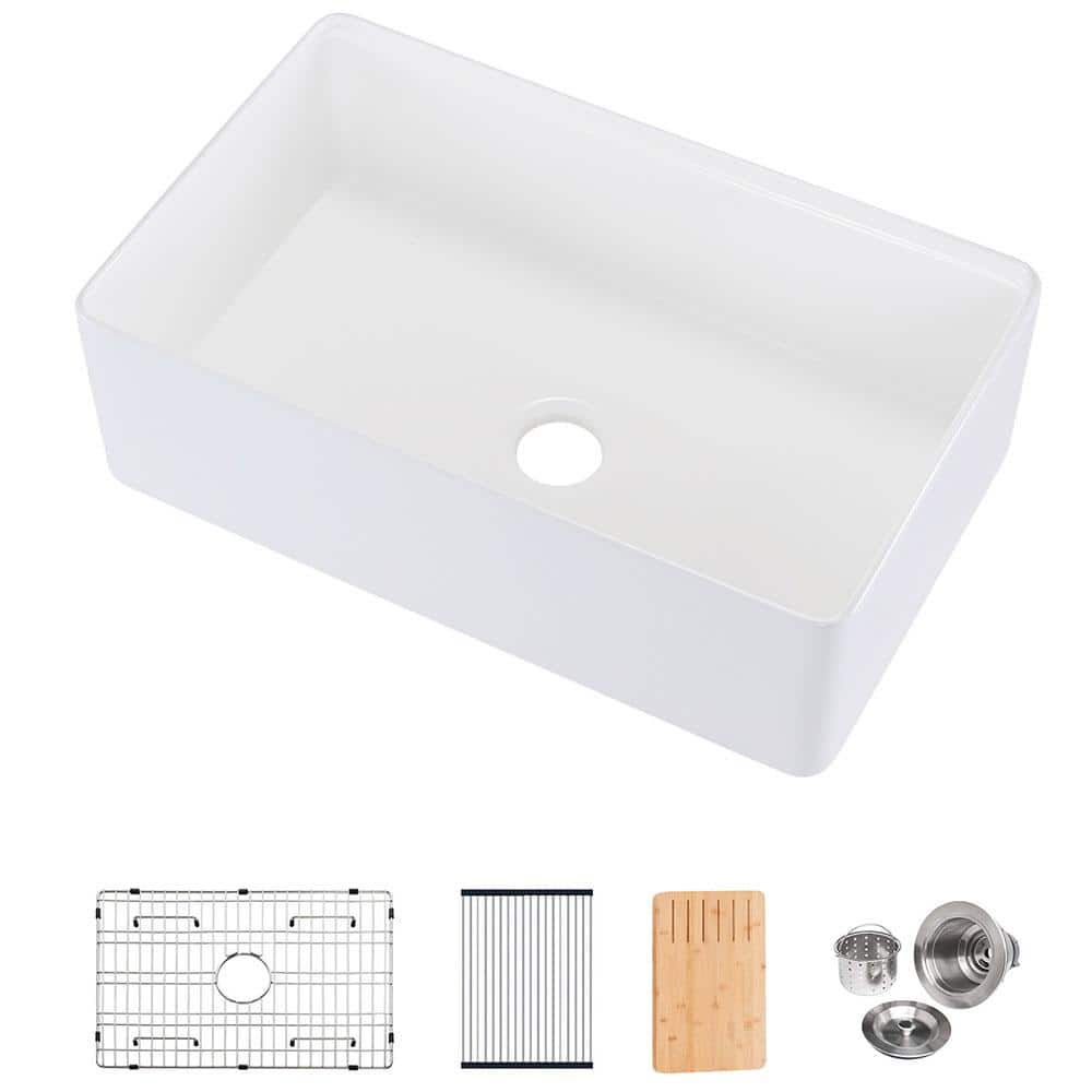 White Fireclay 33 in. Single Bowl Farmhouse Apron Workstation Kitchen Sink 