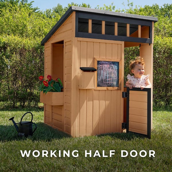 Qaba Foldable Outdoo Playhouse, Wooden Kids Cottage With Windows Working Door Snack Bars Waterproof Covers Blackboards For Kids 3 8 Years Brown B0f2hx1cv9