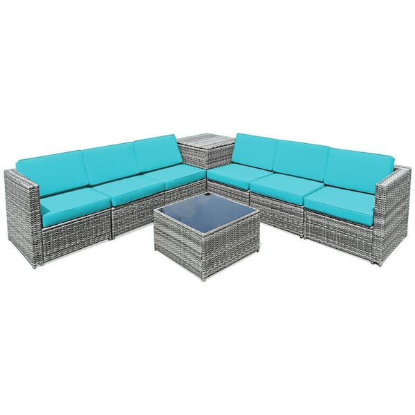 ANGELES HOME 8-Piece PE Wicker Outdoor Patio Conversation Sofa Set with Blue Cushions