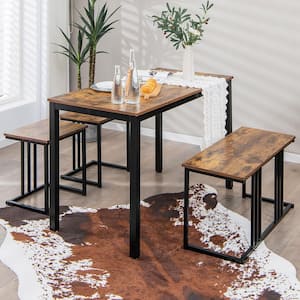 4-Piece Dining Table Set Industrial Kitchen Table Set with Bench and 2 Stools for 4