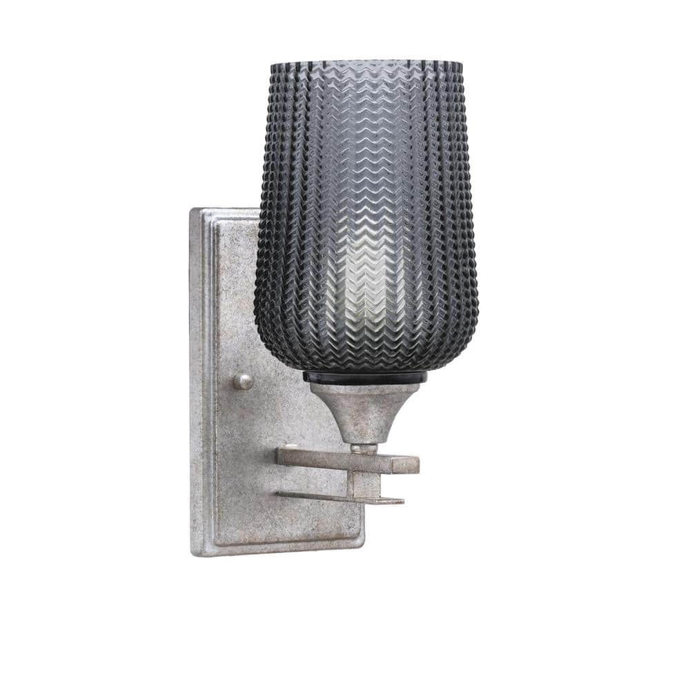 Ontario 1-Light Aged Silver 5 in. Wall Sconce with Smoke Textured Glass Sha
