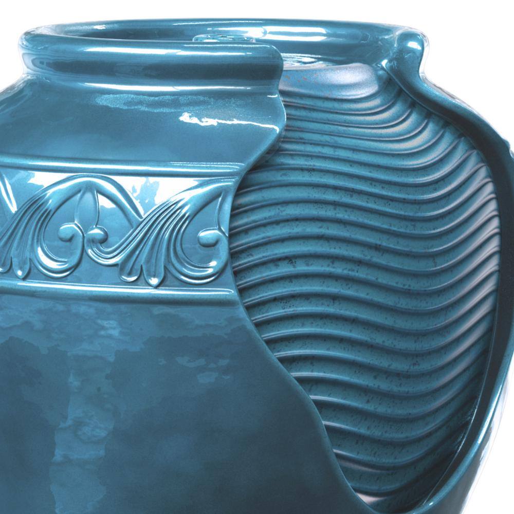 Teal Glazed Polyresin Pot Water Fountain with LED Light