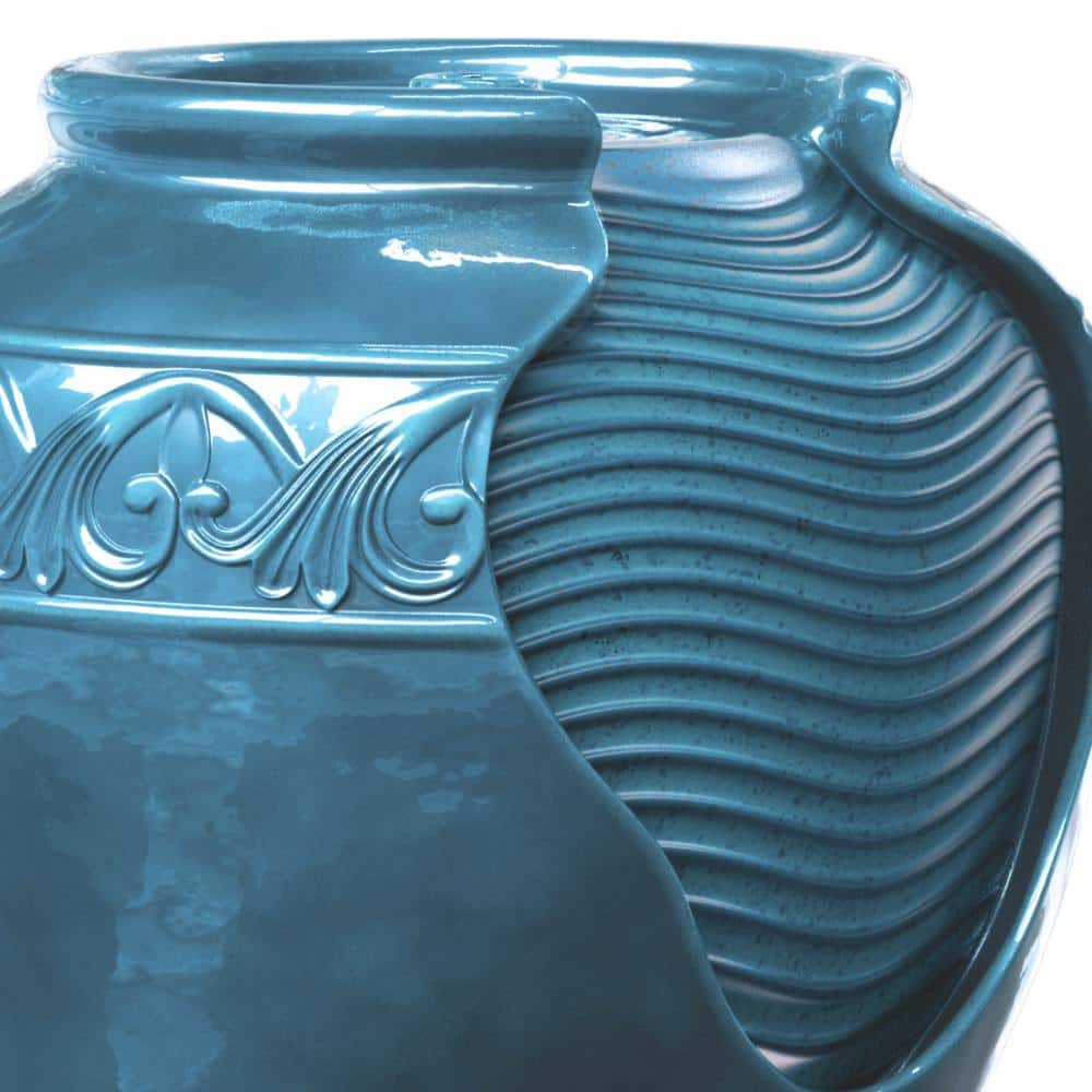 Teal Glazed Polyresin Pot Water Fountain with LED Light
