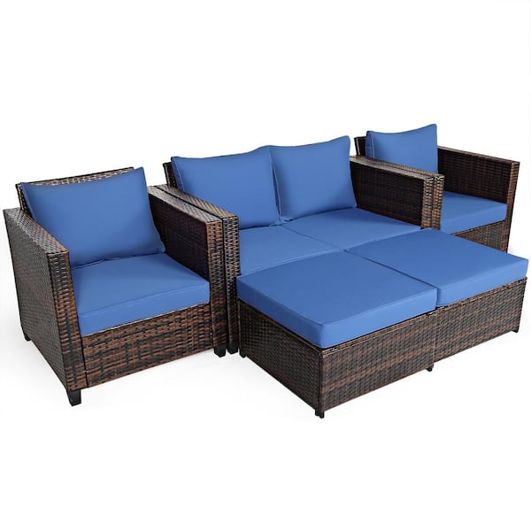 Costway Brown 5-Piece Plastic Wicker Metal Outdoor Sectional Set with Navy Cushions